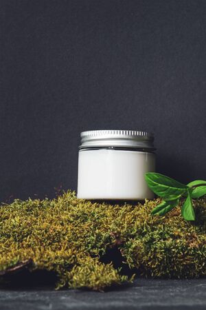 Cosmetic cream in glass jar on the black background with moss, bark and green leaves. Natural, eco...