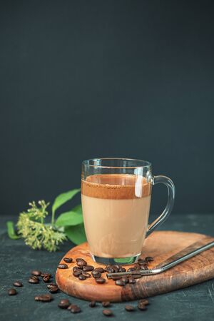 Dalgona coffee with foam in glass cup on cutting board, coffee beans and metal straw, black background, close upの写真素材