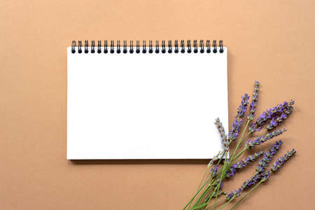Blank notepad on light brown background with lavender flowers. Top view, flat lay, copy space.の写真素材
