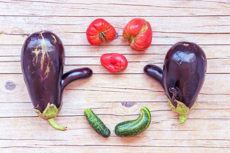 Home grown vegetables, ugly food, flat lay, wooden background, copy space.の写真素材