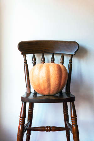Big orange pumpkin on the chair against white wall, Thanksgiving or Halloween concept.の写真素材