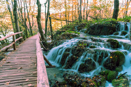 Beautiful small waterfall, Plitvice Lakes national park in Croatia.の写真素材