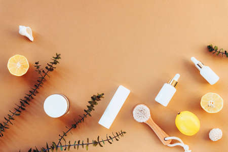 Wooden face brush, cosmetic oil, serum and facial cream. Eco-friendly spa, massage, peeling and hydration products. Beige background, top view, flat lay, copy space.の写真素材