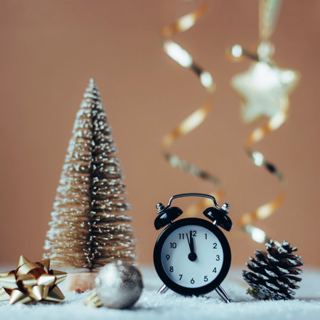 Alarm clock, tree toy and pine cone on beige background. Christmas decorations, New Year concept. Selective focus.の写真素材