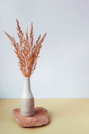 Vase with dry decorative grass on a stone standの写真素材