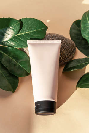 Cream tube on natural stone with green leaves on neutral background, top view, flat lay. Mock up.