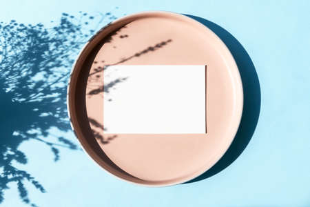 plate, shadow of flowers on blue background in sunlight and blank business, greeting card, invitation mockup. Long shadows. Top view, flat lay, mock up.の写真素材
