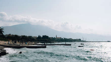 Beautiful view of Orebic resort town, sea and mountains, Peljesac island, Croatia