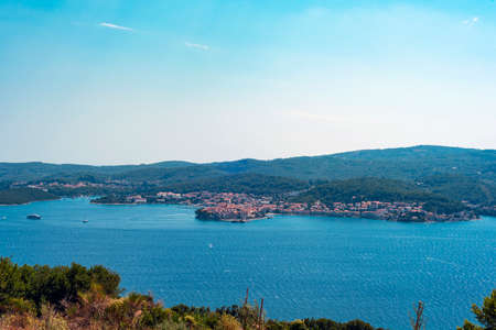 Aerial view of Korcula town on the island of the same name. View from Peljesac peninsula.の写真素材