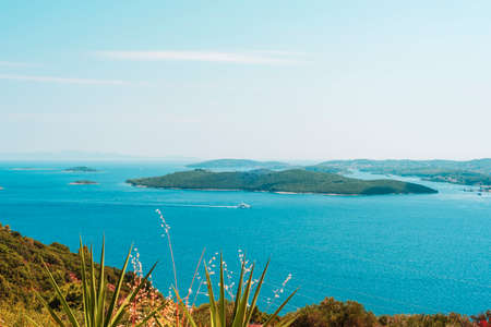 Beautiful view of blue sea with islands and clear sky. Summer vacation concept.の写真素材