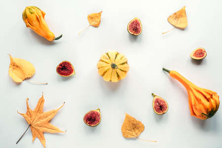 Autumn background with pumpkins, figs cutted in half and autumn leaves on white background. Fresh fruits and yellow gourds. Fall concept. Top view, flat lay.の写真素材