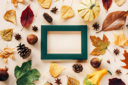 Blank picture frame and autumn leaves, pumpkins, figs and cones on light beige background. Mock up, top view, copy space.の写真素材