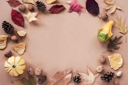 Frame of autumn leaves, walnuts, cones and pumpkins on brown background with copy space. Top view, flat lay.の写真素材