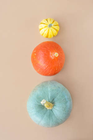 Three different pumpkins on light beige background. Halloween concept. Top view, flat lay.の写真素材