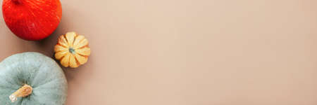 Three multi-colored pumpkins on beige background. Top view, flat lay, copy space.の写真素材