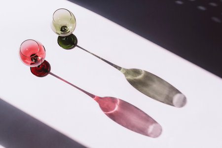 Two wine glasses on white background with light and shadow, top view.の写真素材