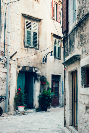Narrow old street in Sibenik town with green door, windows and plants. Dalmatia, Croatia.の写真素材
