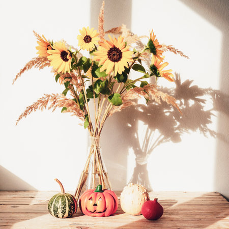 Sunflowers in glass vase with small decorative pumpkins against white wall in sunlight. Thanksgiving concept. Still life. Closeup.の写真素材