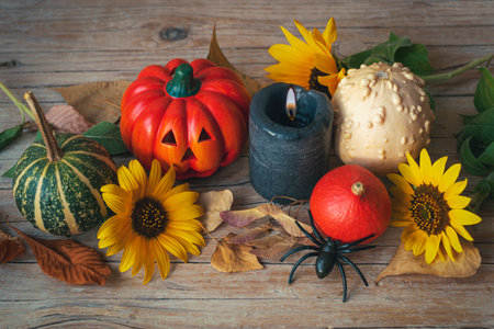 Halloween festive layout with Jack-O-Lantern, pumpkins, candle, sunflowers and spider on wooden table. Autumn holidays concept. Top view.の写真素材