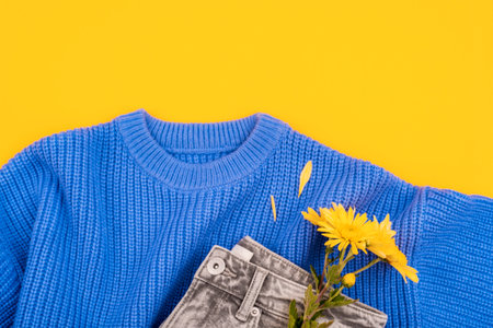 Yellow chrysanthemums on a blue sweater and gray jeans on yellow background. Women's Day, March 8,...