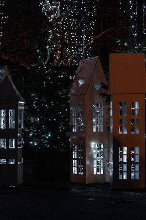 Christmas decorations in city park at night.の写真素材