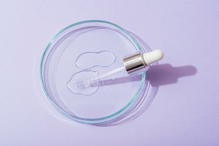 Cosmetic pipette serum on a petri dish on light purple background with sharp shadow. Cosmetology and pharmaceuticals concept. Acid peeling, collagen, hyaluronic acid. Top view.の写真素材