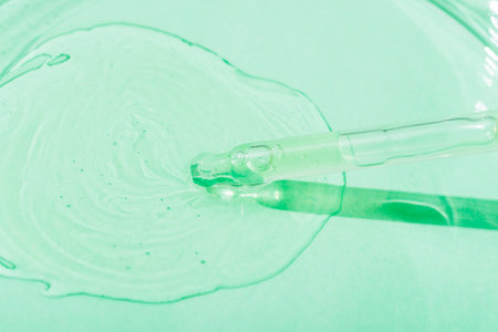 Cosmetic pipette serum on a petri dish on light green background with sharp shadow. Cosmetology and pharmaceuticals concept. Acid peeling, collagen, hyaluronic acid.の写真素材