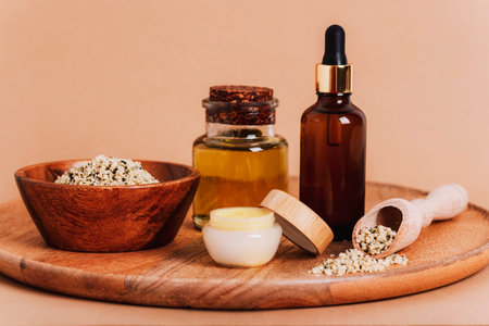 Hemp seed oil, cosmetic serum and cream. Natural cannabis products for health.の写真素材