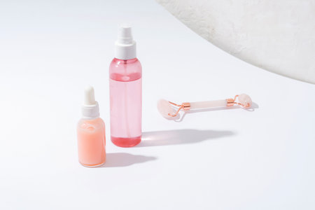 Pink cosmetic bottles and rose quartz crystal facial roller on white background with sharp shadows. Natural cosmetics, skin care concept. Front view.の写真素材