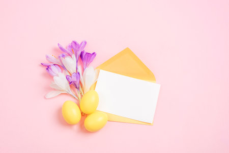 Envelope with blank card, purple crocus flowers, yellow Easter eggs on pink background. Easter greeting card. Top view, flat lay, mockup.の写真素材