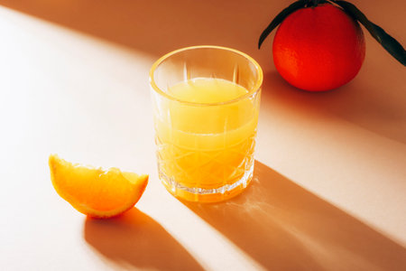 A glass of orange juice and slice of orange fruit on beige table with long hard shadows. Healthy raw vegan food, diet concept. Closeup.の写真素材