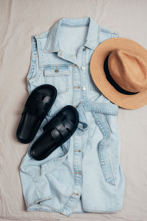 Woman's travel accessories: denim dress, straw hat, black sandals on grey background. Summer casual outfit. Flat lay, top view.の写真素材