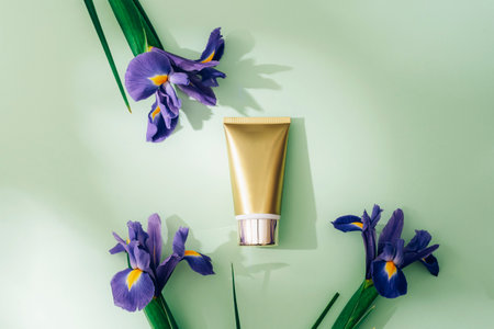 Golden cosmetic cream tube and blue iris flowers on light green background. Top view, flat lay, mockup.の写真素材