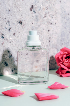 Glass perfume bottle and coral pink rose flower with petals on natural stone background in sunlight,...