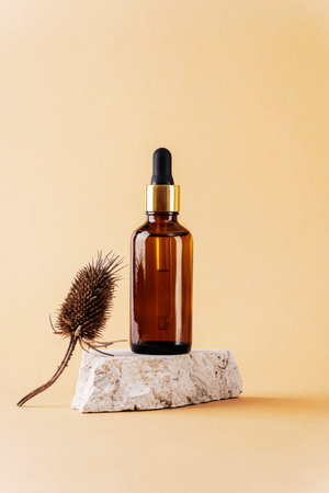 Brown cosmetic serum bottle on natural stone podium and dry thistle inflorescence on neutral beige background. Closeupの写真素材
