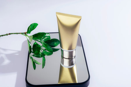 Skin care and cosmetic cream tube packaging on a mirror on white background with green leaves. Mockup, copy space.の写真素材