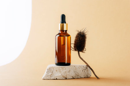 Brown cosmetic serum bottle on natural stone podium and dry thistle inflorescence on white and neutral beige background. Closeup.の写真素材