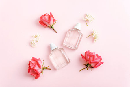 Two perfume bottles and rose flowers on pink background. Beauty, fashion concept. Top view, flat lay, mockupの写真素材