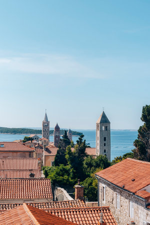 Famous beautiful Rab town with four towers. Rab island, Croatia.の写真素材