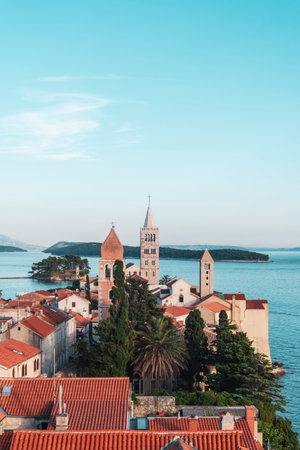 Famous beautiful Rab town with its towers. Rab island, Croatia.の写真素材