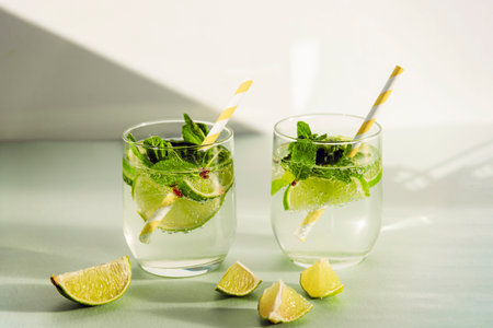 Two mojito drinks with straw on a table, slices of lime. Cold refreshing drinks, closeup.の写真素材