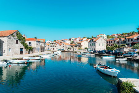 Village Vrboska on the north coast of the island of Hvar in Dalmatia, Croatiaの写真素材