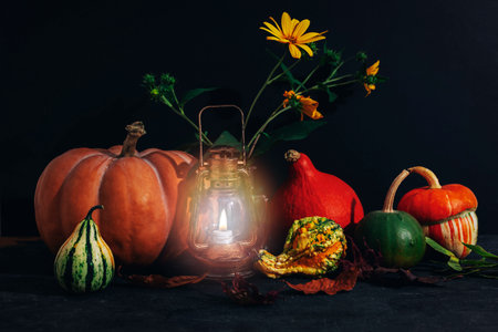 Autumn layout with various pumpkins, glowing vintage lantern and yellow flowers. Thanksgiving concept. Black background.の写真素材
