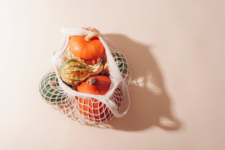 Orange pumpkins in a string bag. Zero waste concept, healthy food. Sharp shadows, top view, flat layの写真素材