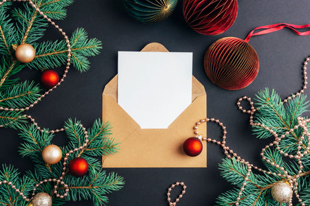 Envelope with blank card and fir branches with Christmas balls on black background. Christmas...