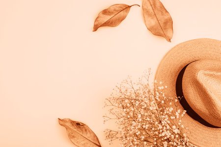 Female straw hat, autumn leaves and gypsophila bouquet on peach background. Top view, flat lay, copy space. Demonstrating color of the year 2024.の写真素材