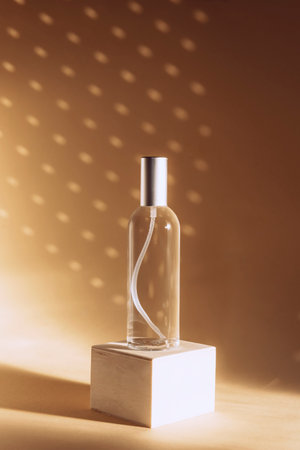 Natural cosmetic tonic glass transparent bottle on a wooden podium. Alternative medicine, beauty skin care product. Beautiful shadows on the backgroundの写真素材