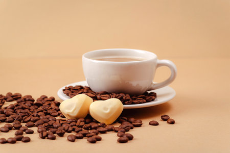 Coffee cup and coffee beans, heart shaped candies and on beige background. Valentines day concept. Closeup.の写真素材