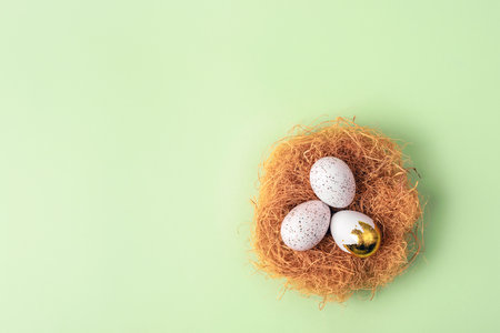 A nest with easter eggs on green background. Easter concept. Top view, flat lay, copy space.の写真素材
