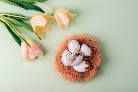 Nest with Easter eggs and yellow tulips on light green background. Easter concept. Top view, flat lay.の写真素材